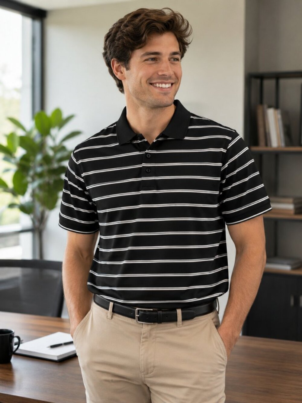 Mark Edwards Men’s Large Black & White Striped Polo Shirt